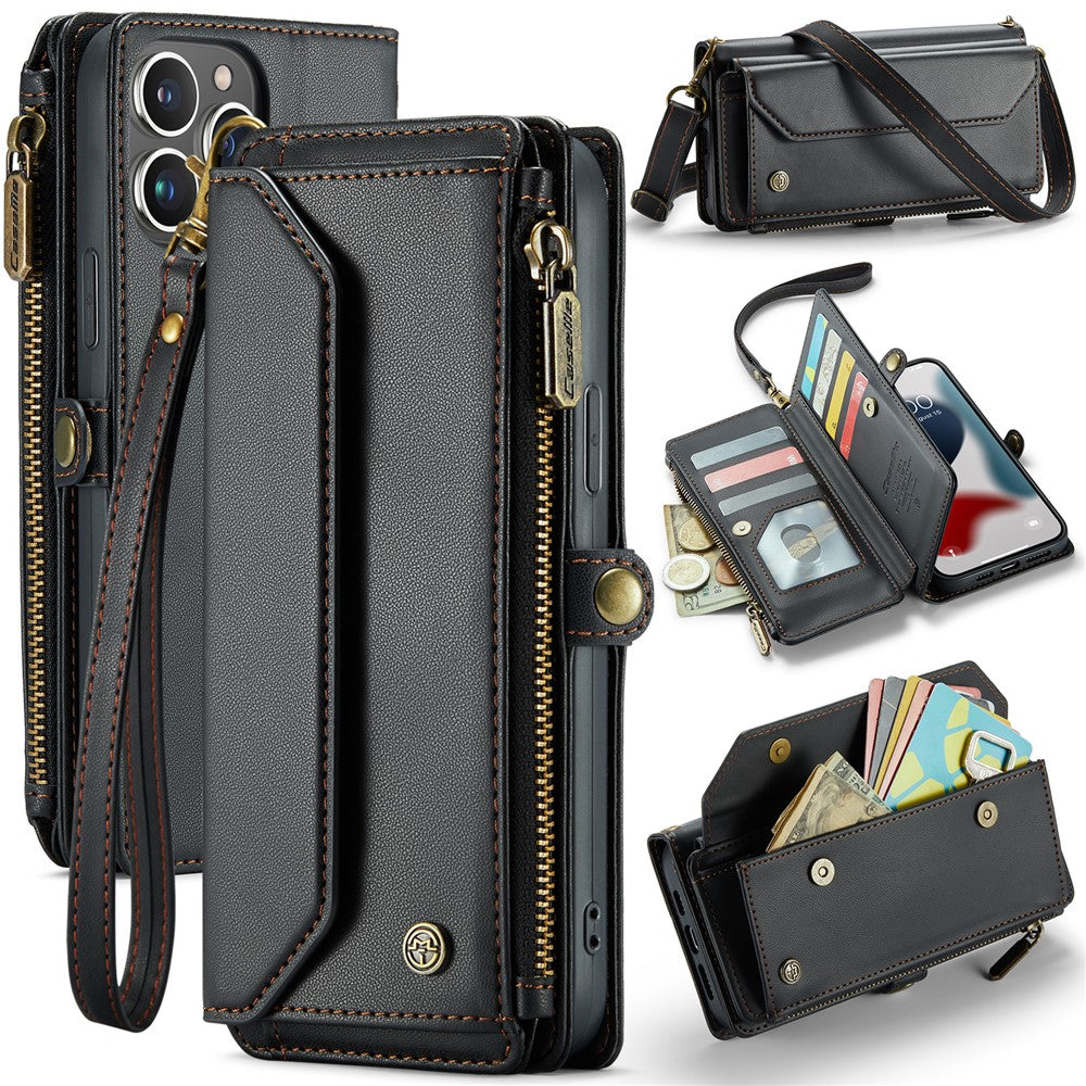 For iPhone 13 Pro Max Leather Case CASEME C36 Zipper Multiple Card Slots Phone Cover with Straps