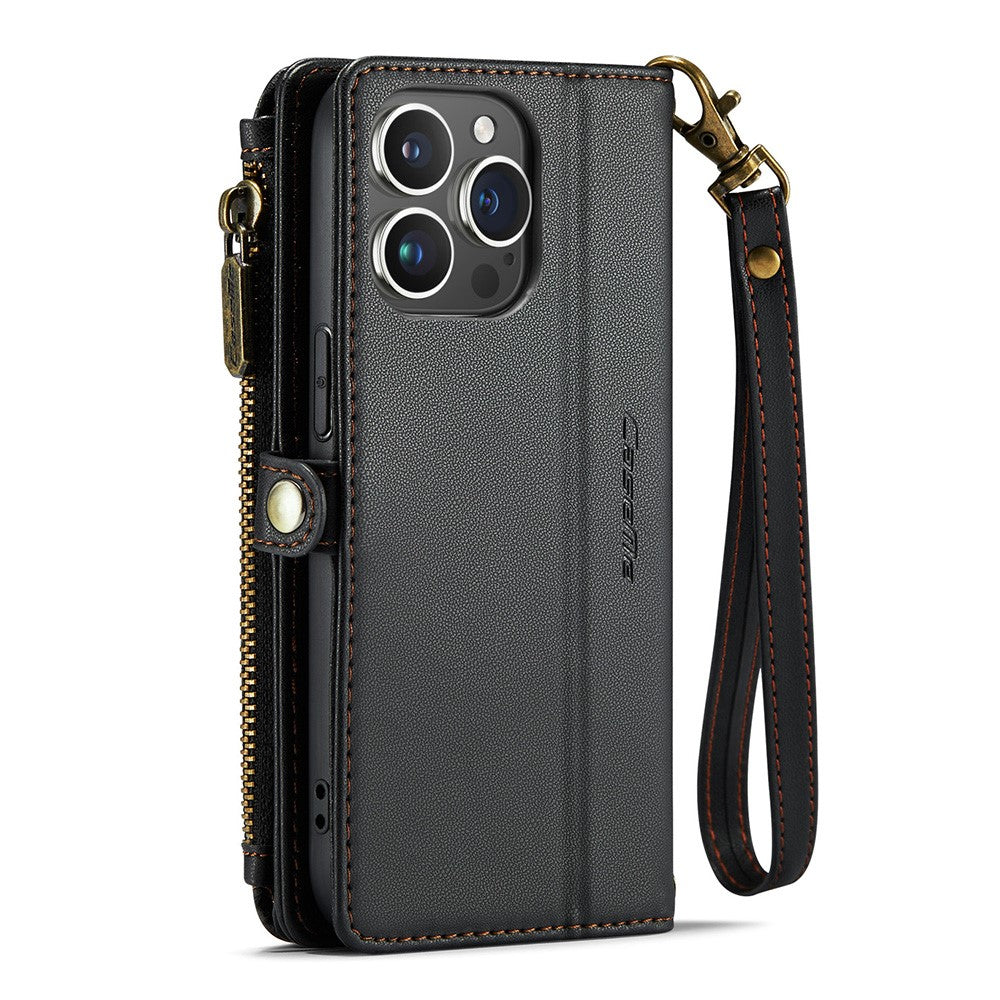 For iPhone 13 Pro Max Leather Case CASEME C36 Zipper Multiple Card Slots Phone Cover with Straps