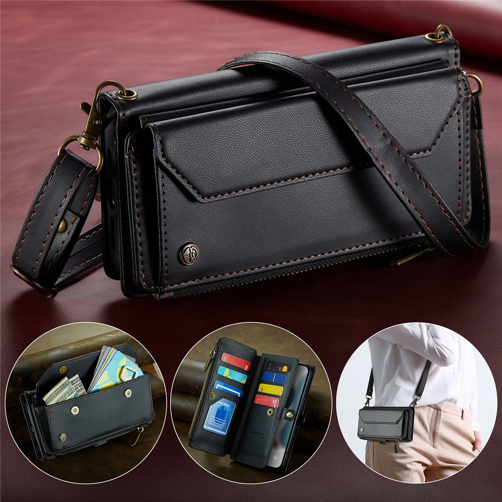 For iPhone 13 Pro Max Leather Case CASEME C36 Zipper Multiple Card Slots Phone Cover with Straps