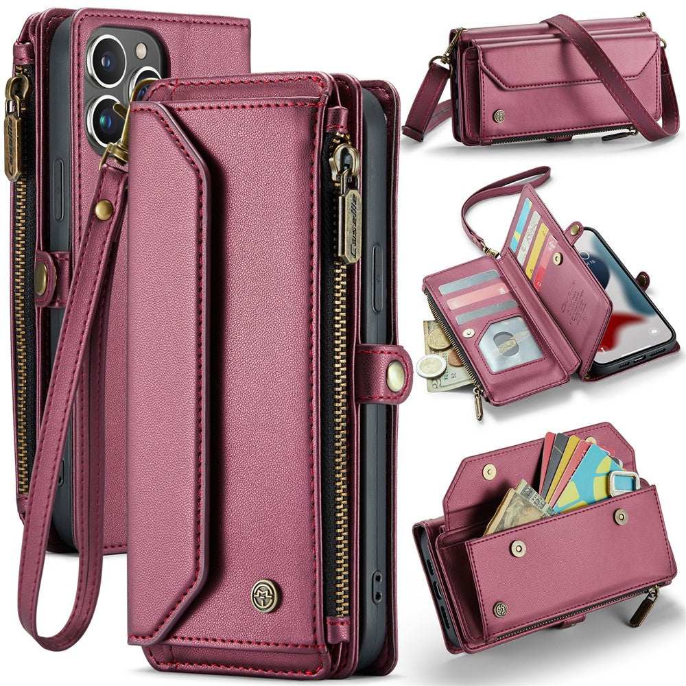 For iPhone 13 Pro Max Leather Case CASEME C36 Zipper Multiple Card Slots Phone Cover with Straps