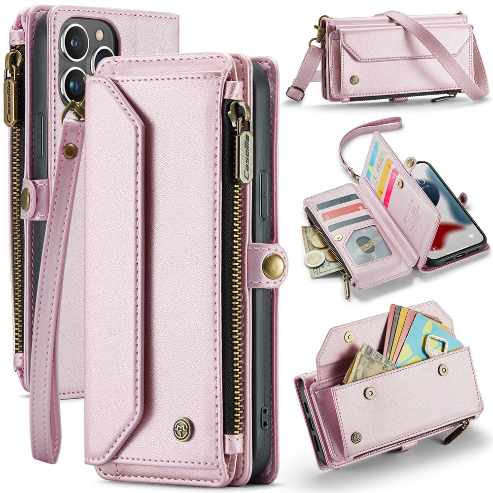 For iPhone 13 Pro Max Leather Case CASEME C36 Zipper Multiple Card Slots Phone Cover with Straps