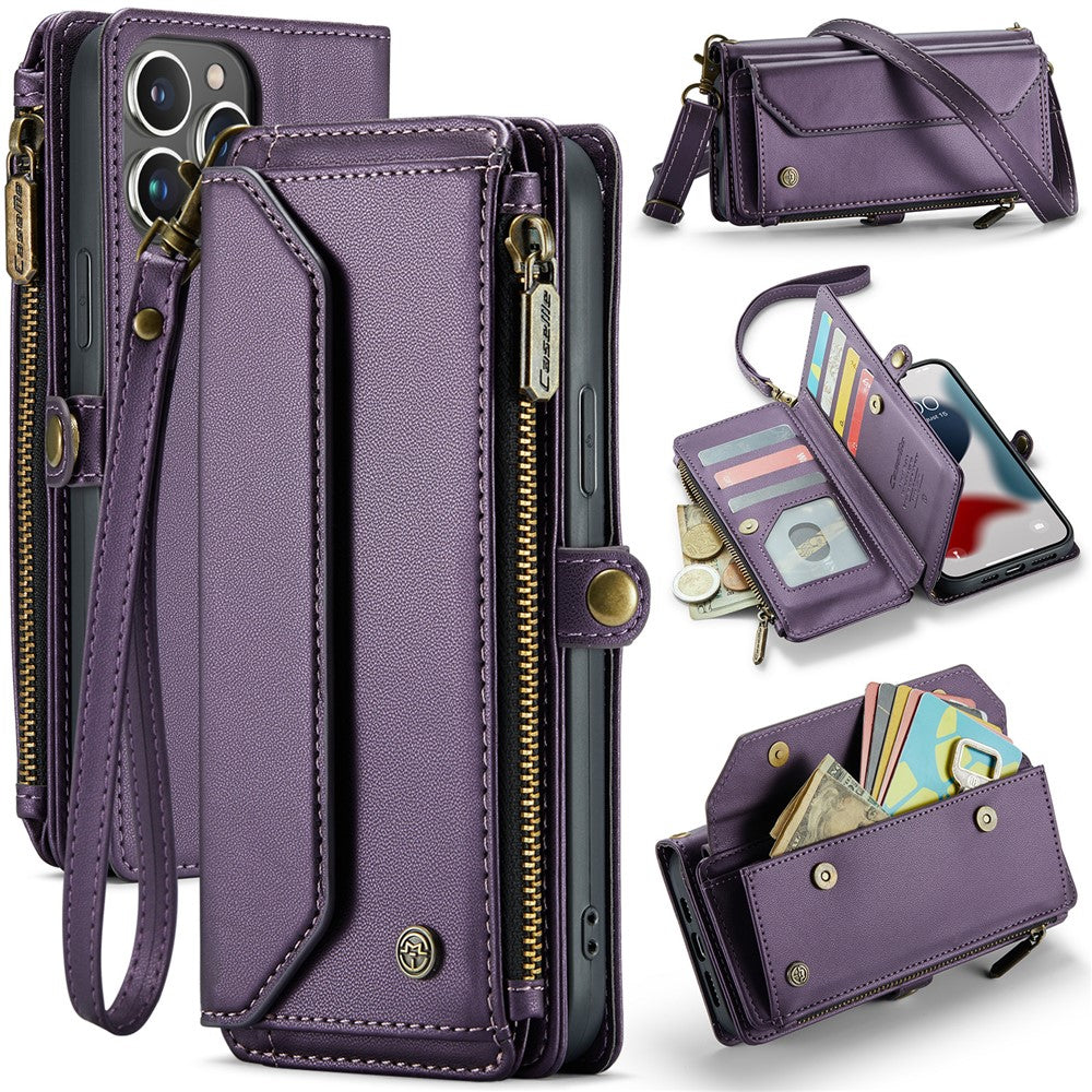 For iPhone 13 Pro Max Leather Case CASEME C36 Zipper Multiple Card Slots Phone Cover with Straps