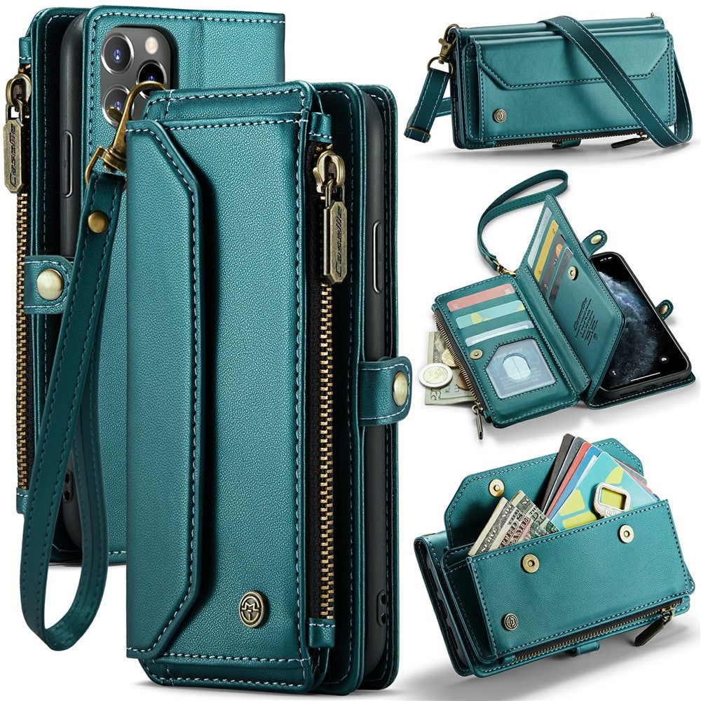 For iPhone 11 Pro Max Leather Case CASEME C36 Zipper Multiple Card Slots Phone Cover with Straps