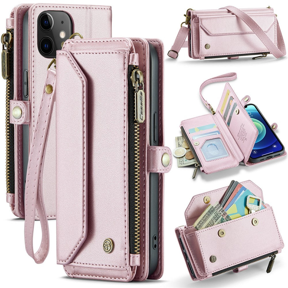 For iPhone 12 mini Leather Case CASEME C36 Zipper Multiple Card Slots Phone Cover with Straps