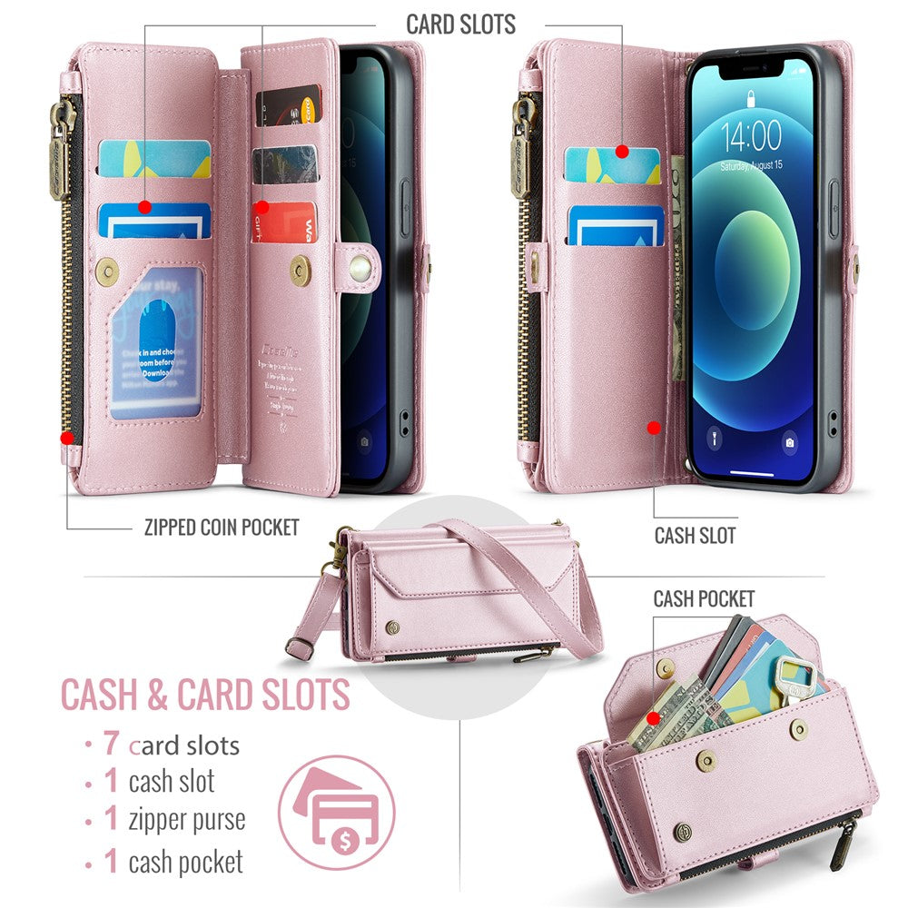 For iPhone 12 mini Leather Case CASEME C36 Zipper Multiple Card Slots Phone Cover with Straps