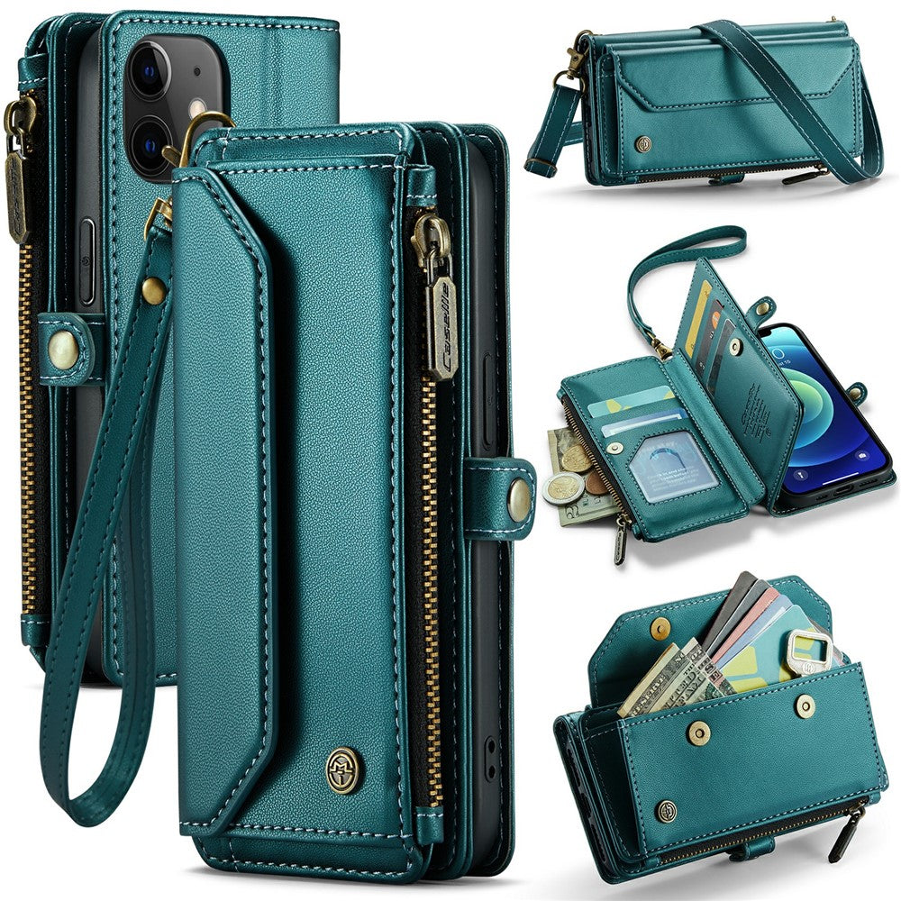 For iPhone 12 mini Leather Case CASEME C36 Zipper Multiple Card Slots Phone Cover with Straps