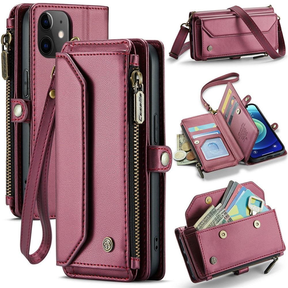 For iPhone 12 mini Leather Case CASEME C36 Zipper Multiple Card Slots Phone Cover with Straps
