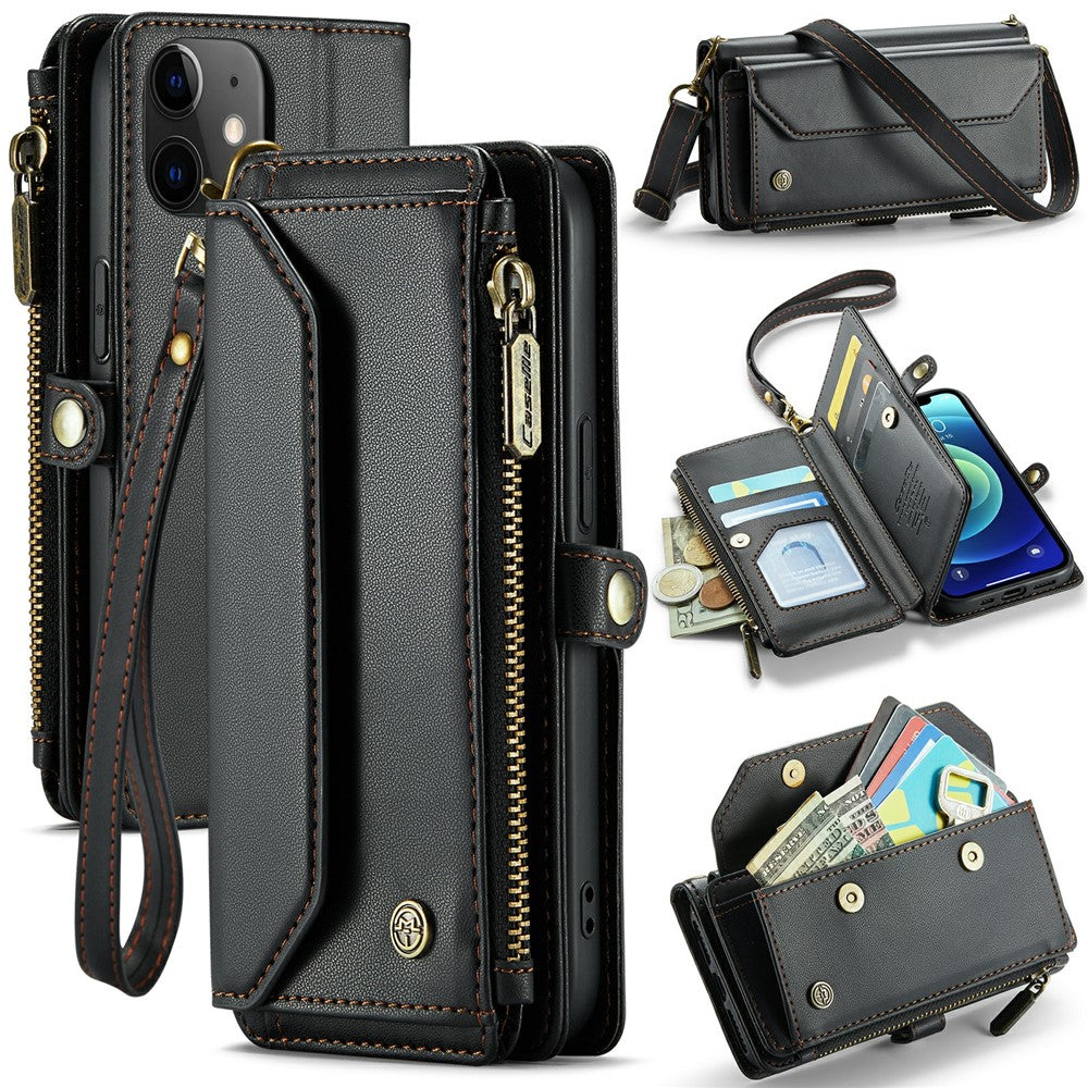 For iPhone 12 mini Leather Case CASEME C36 Zipper Multiple Card Slots Phone Cover with Straps