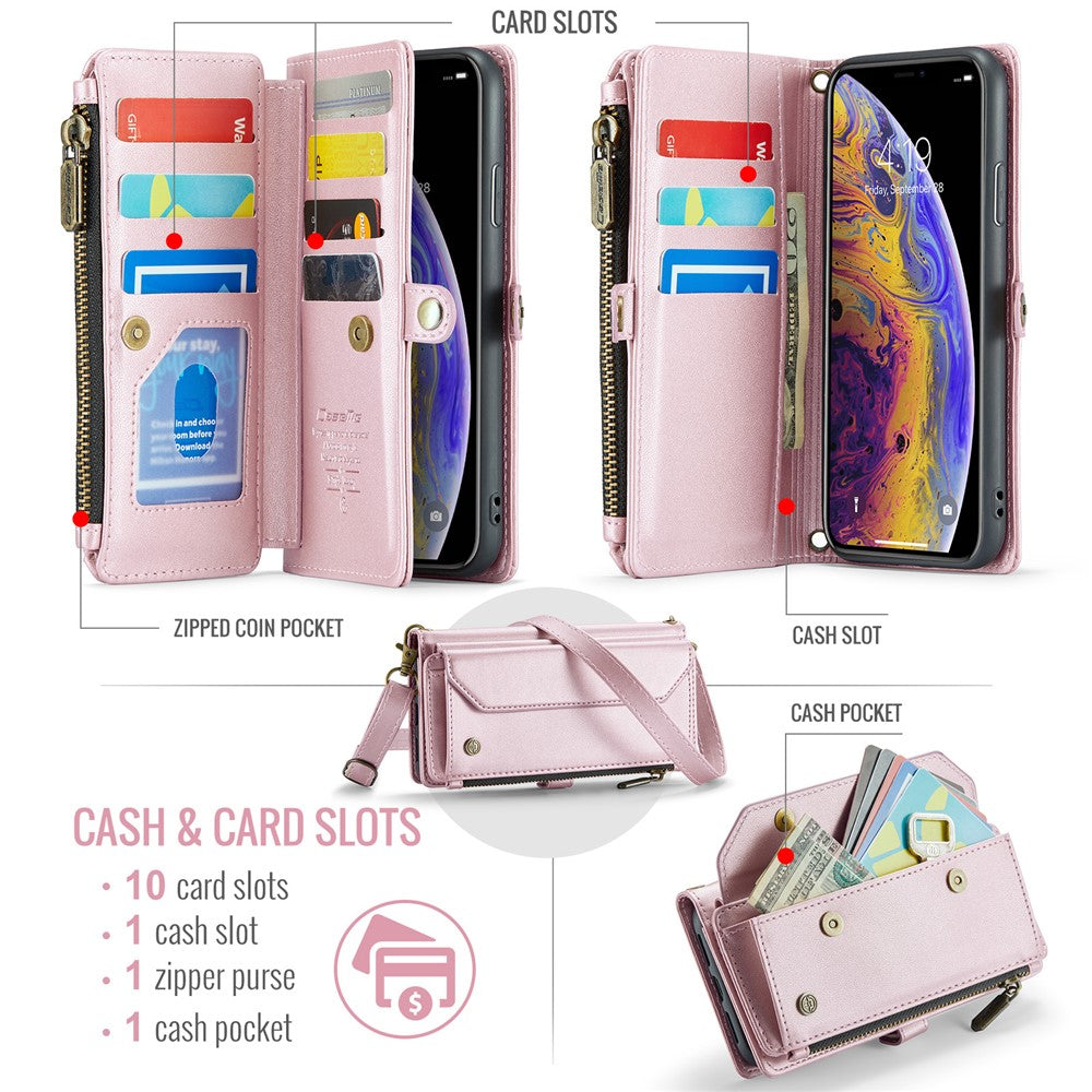 For iPhone XS Max Leather Case CASEME C36 Zipper Multiple Card Slots Phone Cover with Straps