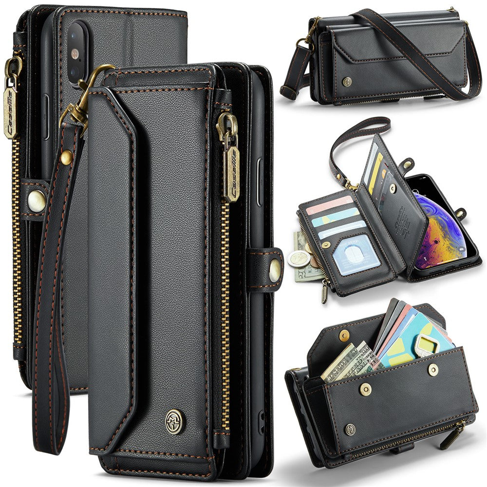 For iPhone XS Max Leather Case CASEME C36 Zipper Multiple Card Slots Phone Cover with Straps