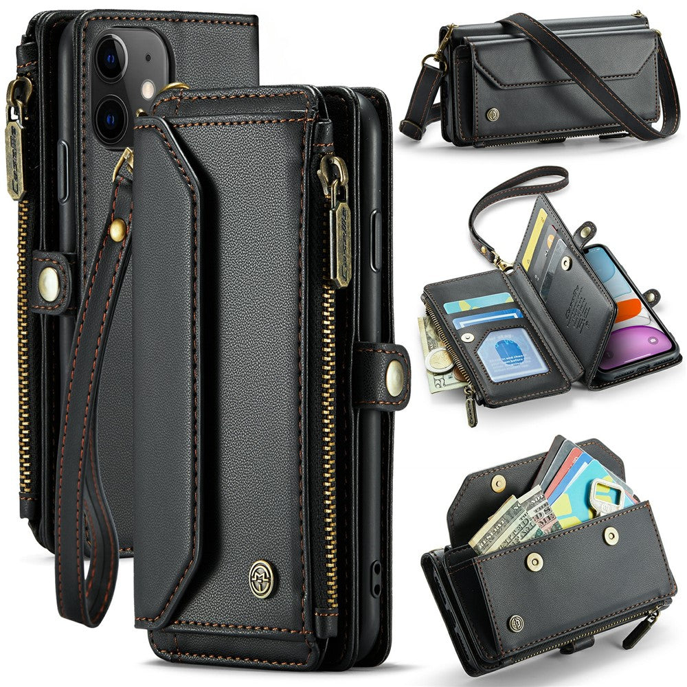 For iPhone 11 Leather Case CASEME C36 Zipper Multiple Card Slots Phone Cover with Straps