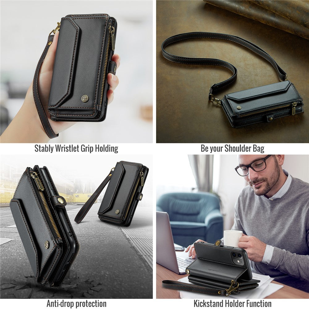 For iPhone 11 Leather Case CASEME C36 Zipper Multiple Card Slots Phone Cover with Straps