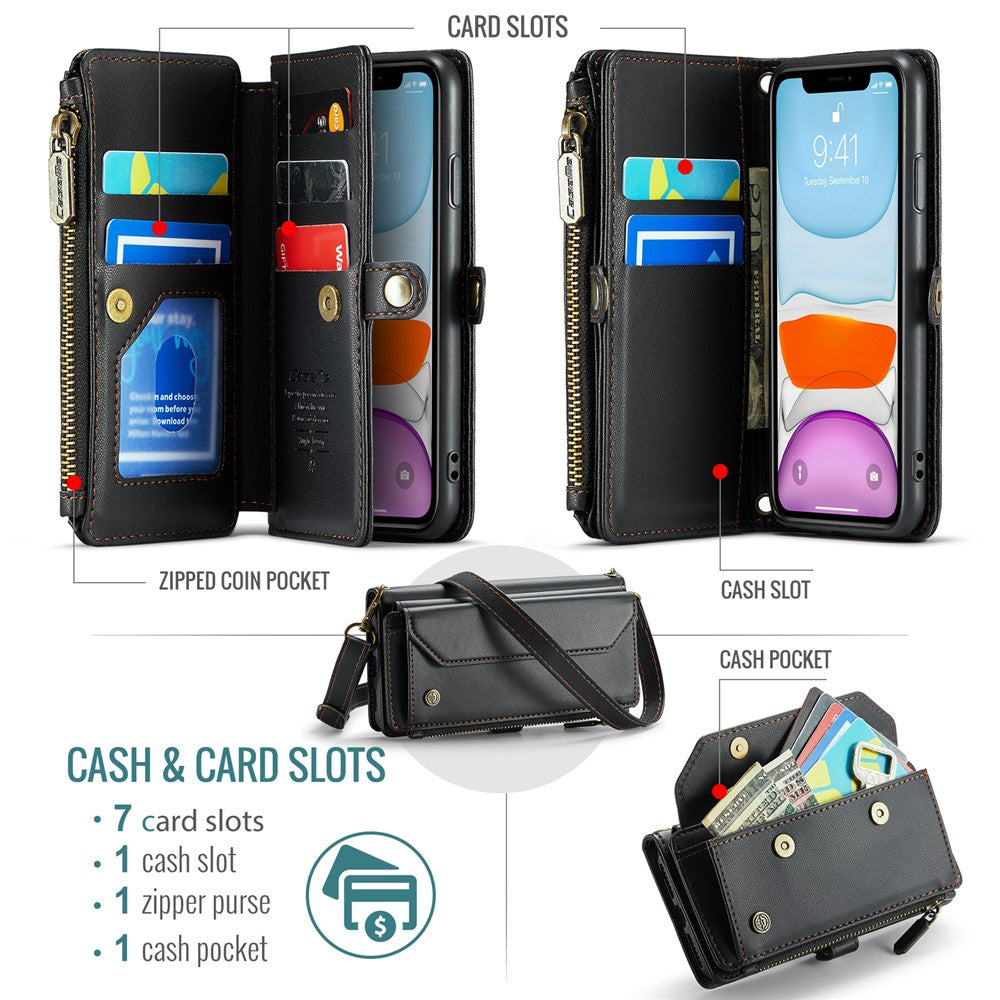 For iPhone 11 Leather Case CASEME C36 Zipper Multiple Card Slots Phone Cover with Straps