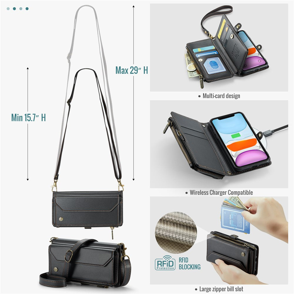 For iPhone 11 Leather Case CASEME C36 Zipper Multiple Card Slots Phone Cover with Straps