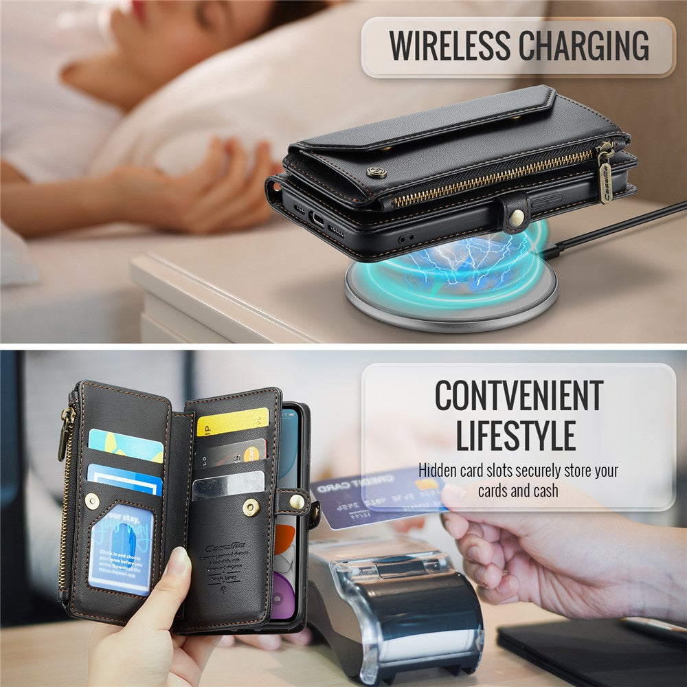 For iPhone 11 Leather Case CASEME C36 Zipper Multiple Card Slots Phone Cover with Straps