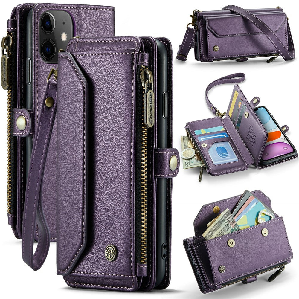 For iPhone 11 Leather Case CASEME C36 Zipper Multiple Card Slots Phone Cover with Straps