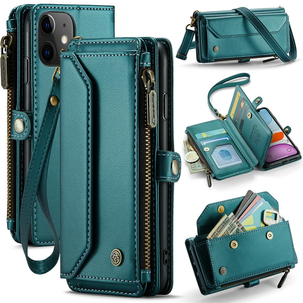 For iPhone 11 Leather Case CASEME C36 Zipper Multiple Card Slots Phone Cover with Straps