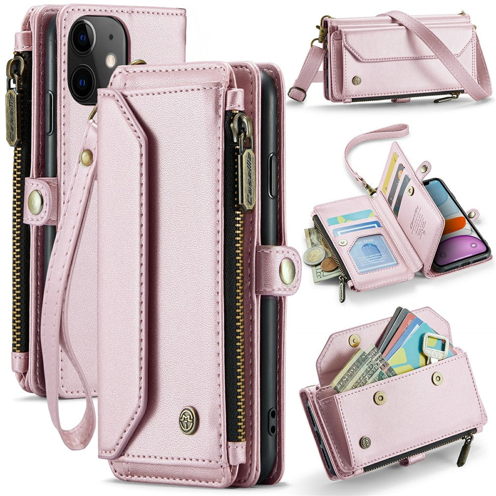 For iPhone 11 Leather Case CASEME C36 Zipper Multiple Card Slots Phone Cover with Straps