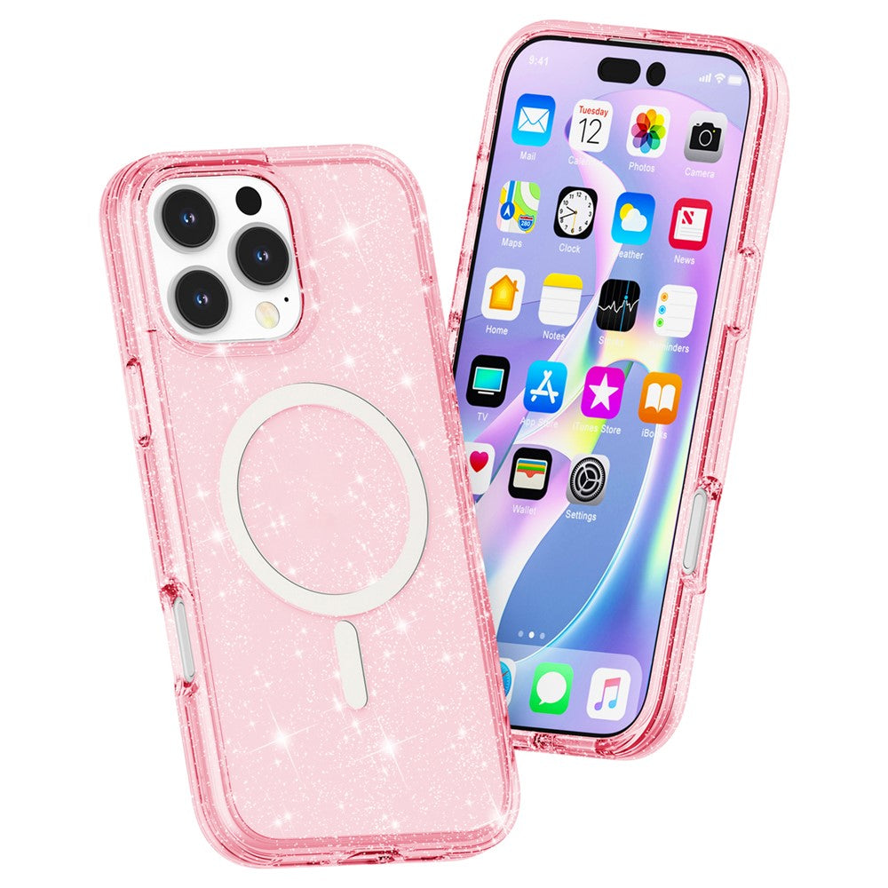 För iPhone 16 Pro Magnetiskt fodral kompatibelt med MagSafe PC+TPU Glitterfodral