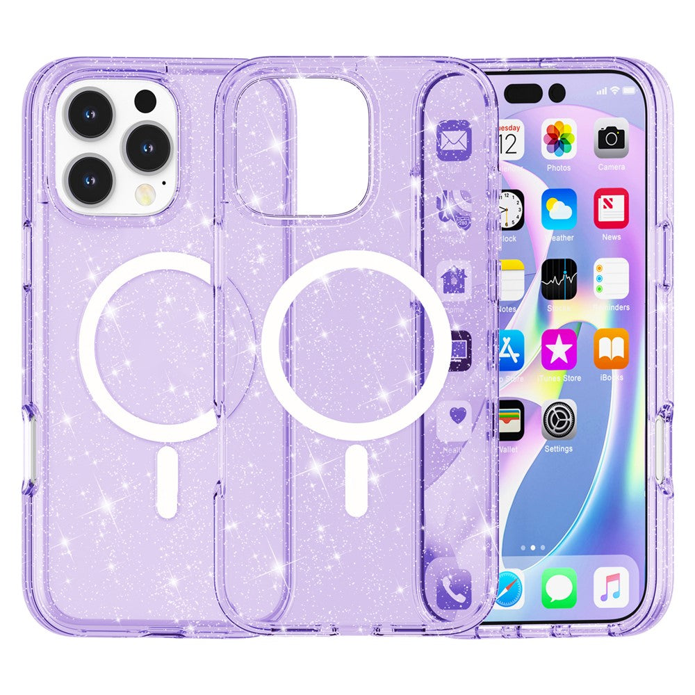 För iPhone 16 Pro Magnetiskt fodral kompatibelt med MagSafe PC+TPU Glitterfodral