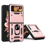 For Samsung Galaxy Z Flip4 5G Shockproof Phone Cover Slide Camera Protection PC + TPU Ring Holder Kickstand with Lanyard