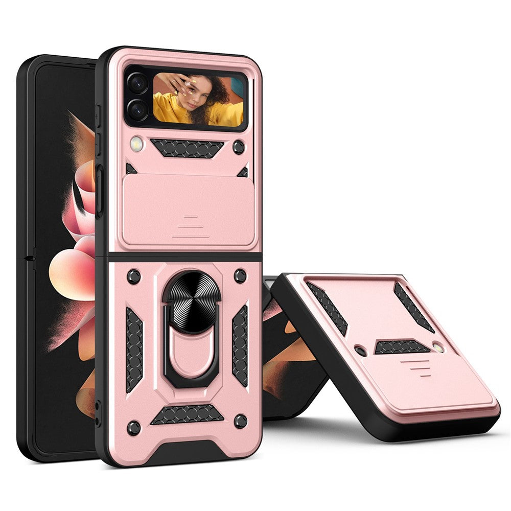 For Samsung Galaxy Z Flip4 5G Shockproof Phone Cover Slide Camera Protection PC + TPU Ring Holder Kickstand with Lanyard
