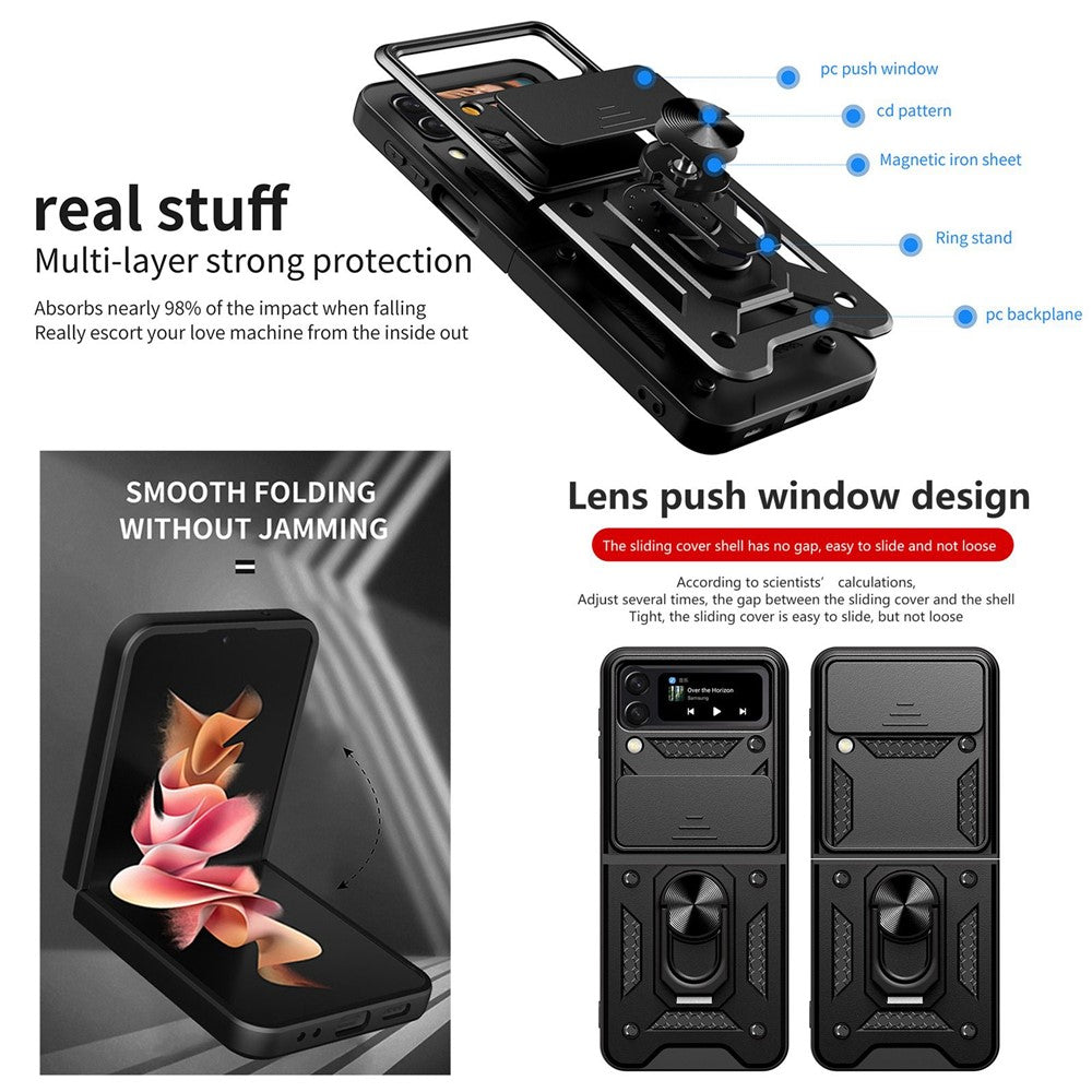 For Samsung Galaxy Z Flip4 5G Shockproof Phone Cover Slide Camera Protection PC + TPU Ring Holder Kickstand with Lanyard