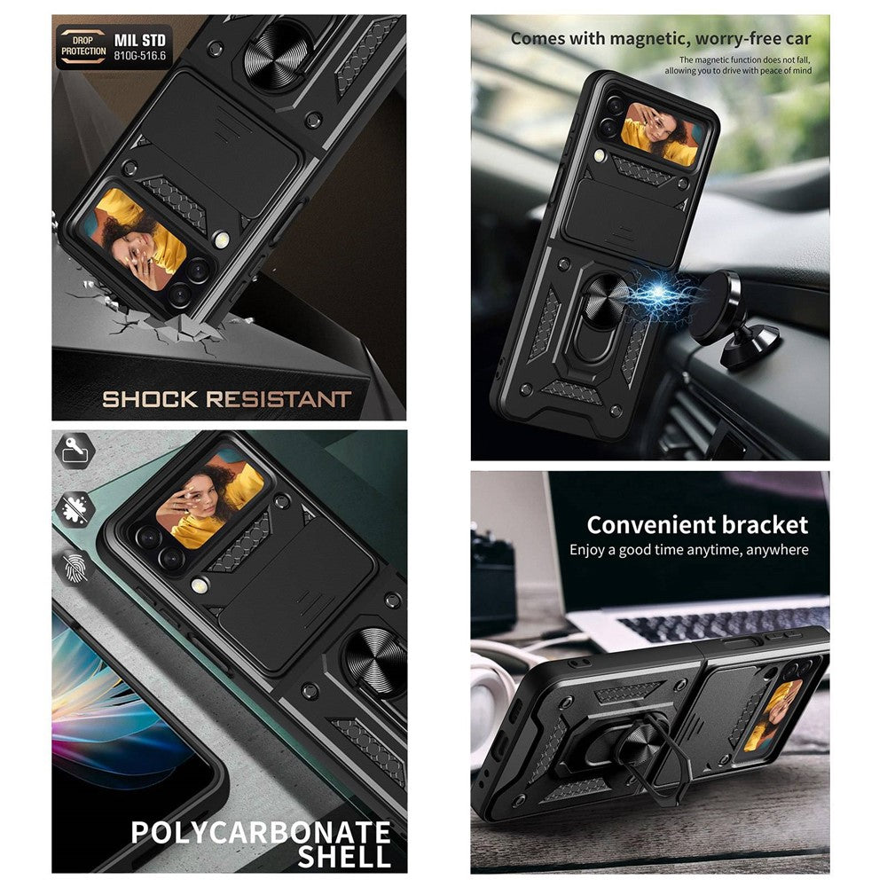 For Samsung Galaxy Z Flip4 5G Shockproof Phone Cover Slide Camera Protection PC + TPU Ring Holder Kickstand with Lanyard