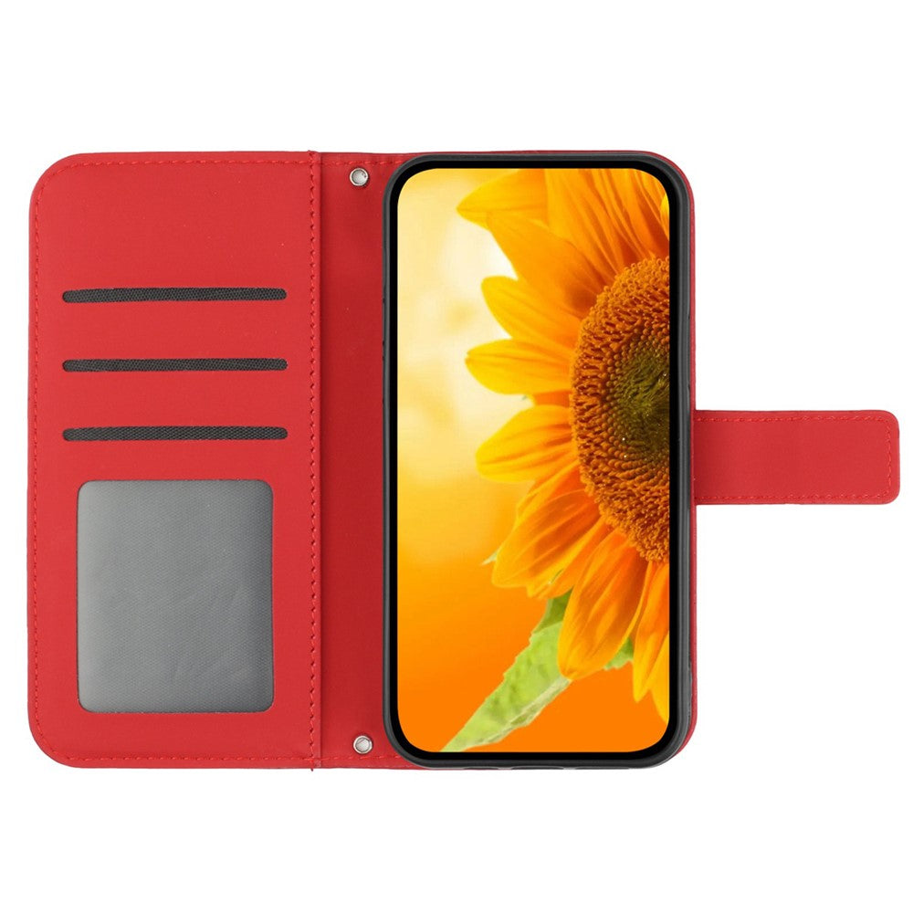 HT04 For iPhone 16 Case Sunflower Skin-Feel Leather Phone Cover with Shoulder Strap