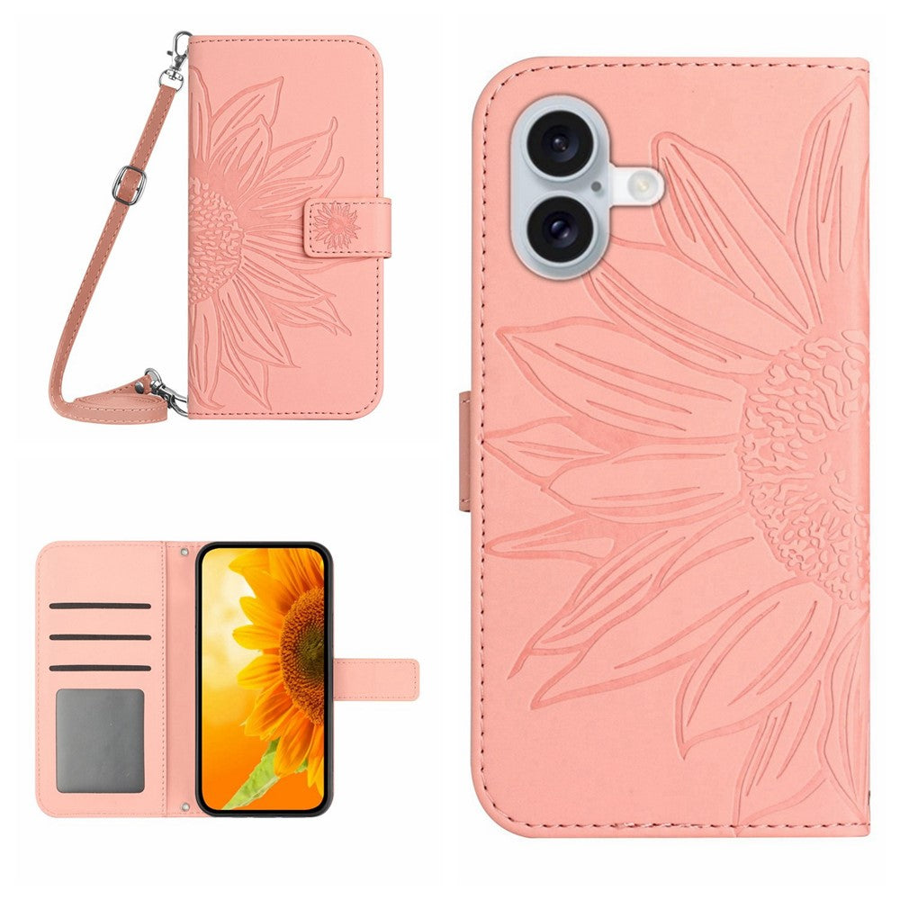 HT04 For iPhone 16 Case Sunflower Skin-Feel Leather Phone Cover with Shoulder Strap