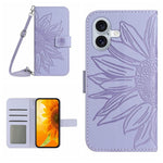 HT04 For iPhone 16 Case Sunflower Skin-Feel Leather Phone Cover with Shoulder Strap