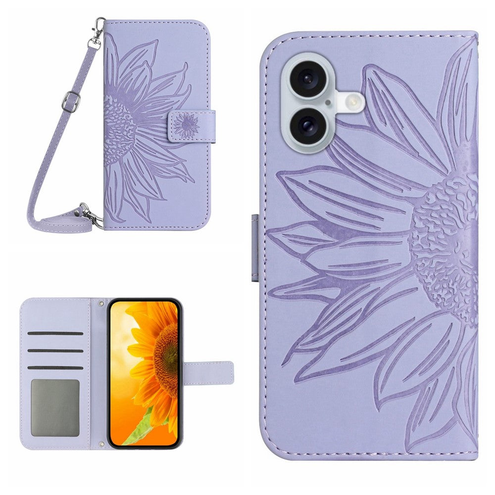 HT04 For iPhone 16 Case Sunflower Skin-Feel Leather Phone Cover with Shoulder Strap