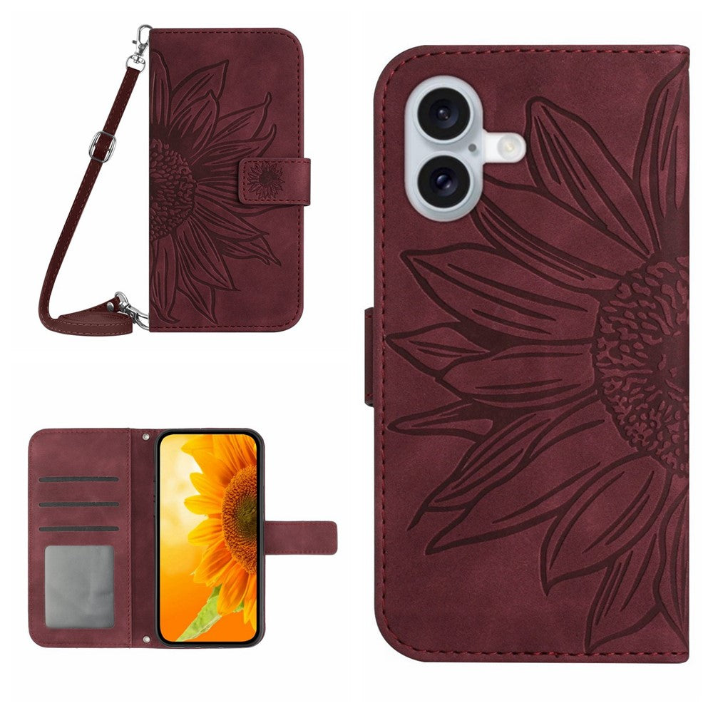 HT04 For iPhone 16 Case Sunflower Skin-Feel Leather Phone Cover with Shoulder Strap