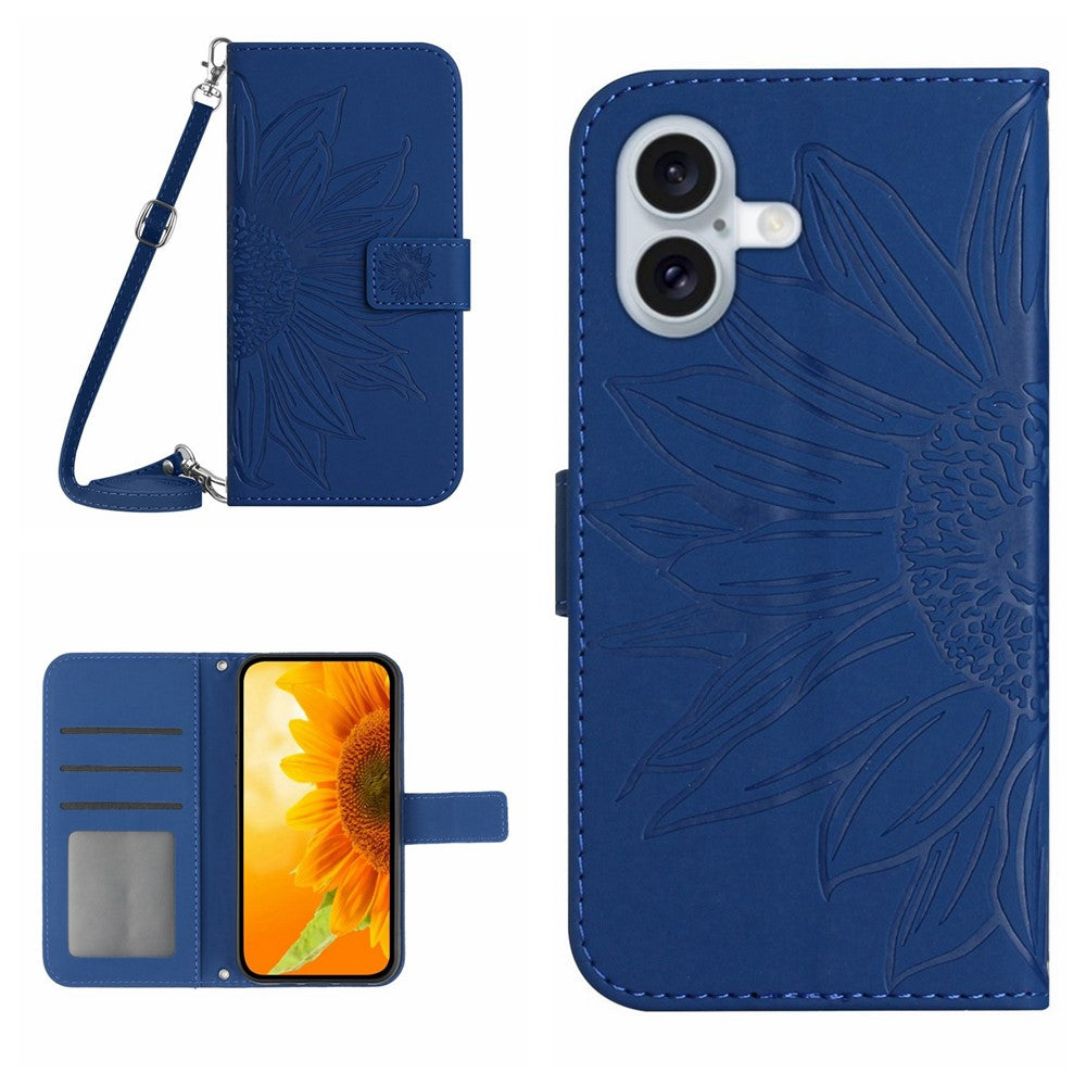 HT04 For iPhone 16 Case Sunflower Skin-Feel Leather Phone Cover with Shoulder Strap