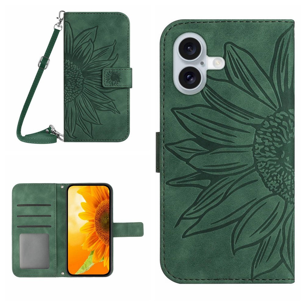 HT04 For iPhone 16 Case Sunflower Skin-Feel Leather Phone Cover with Shoulder Strap