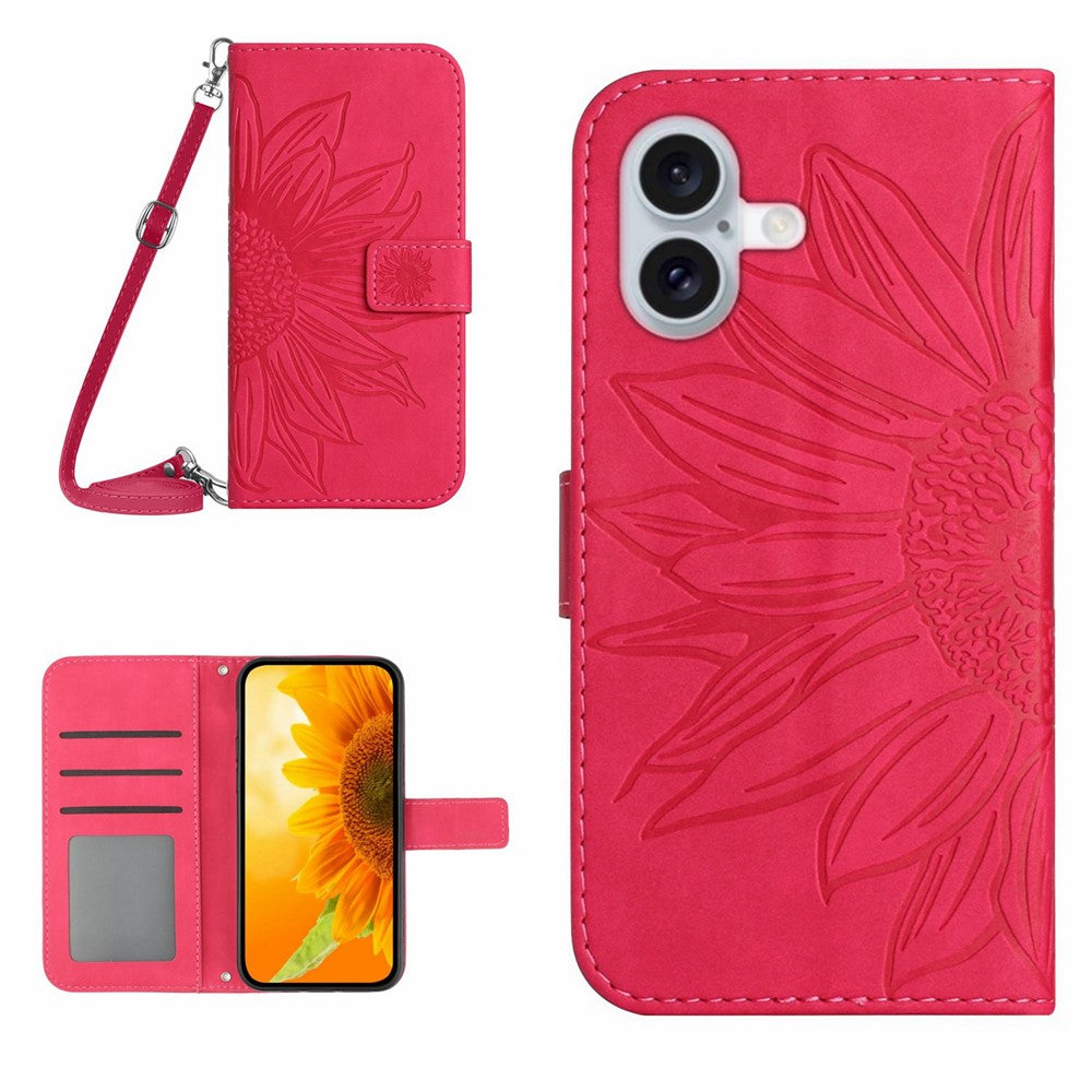 HT04 For iPhone 16 Case Sunflower Skin-Feel Leather Phone Cover with Shoulder Strap