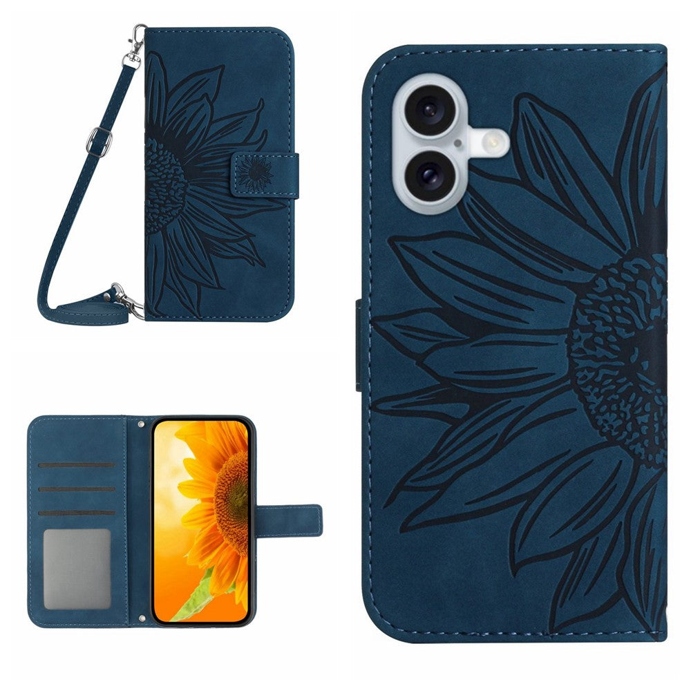 HT04 For iPhone 16 Case Sunflower Skin-Feel Leather Phone Cover with Shoulder Strap