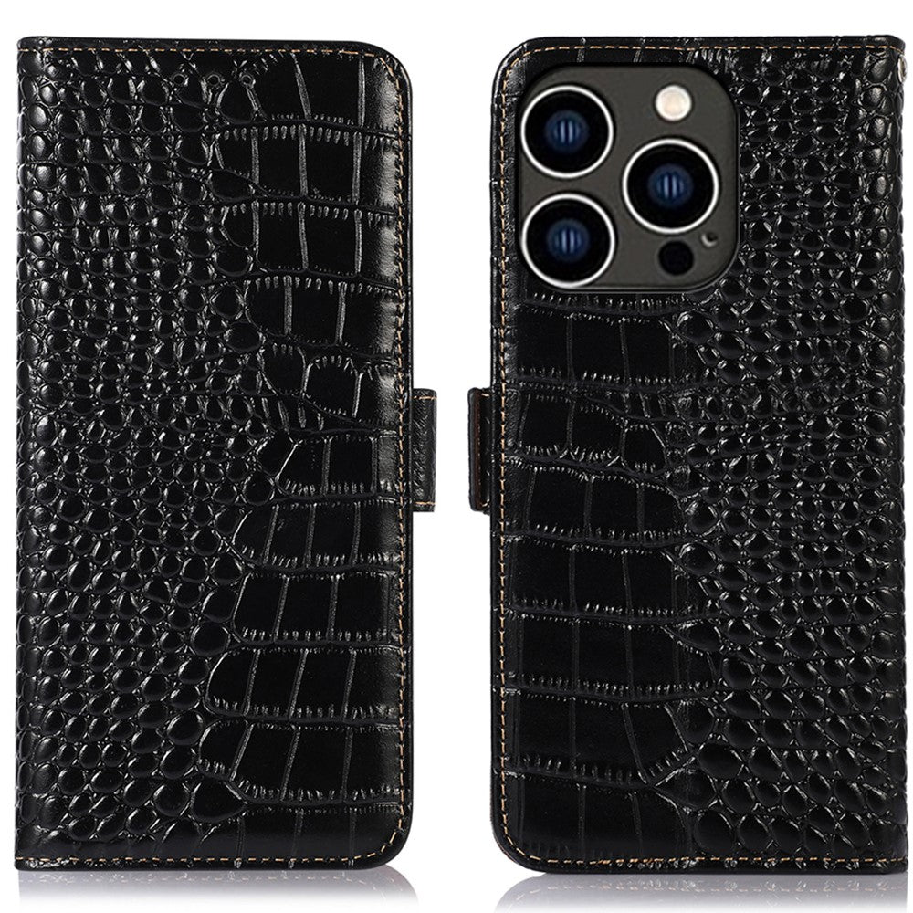 For iPhone 16 Pro Stand Case RFID Blocking Genuine Cow Leather Wallet Phone Cover