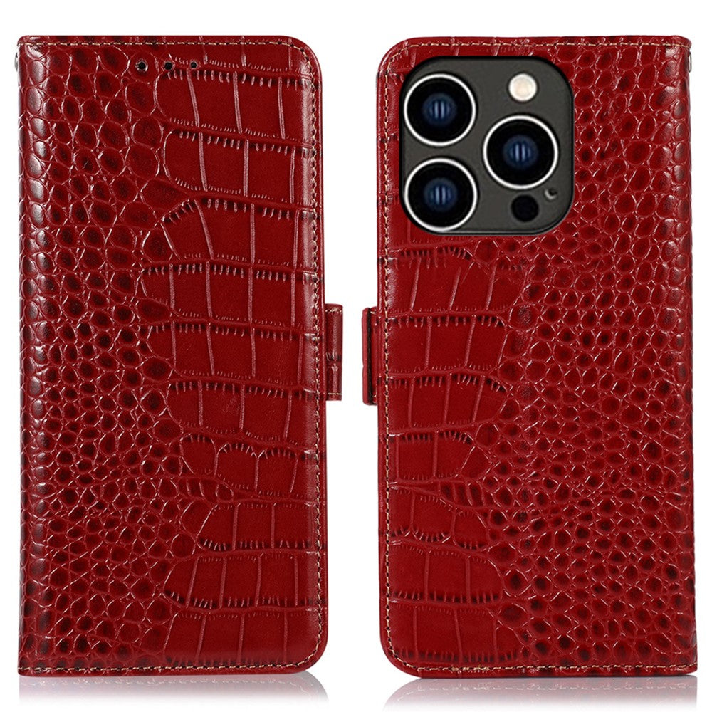 For iPhone 16 Pro Stand Case RFID Blocking Genuine Cow Leather Wallet Phone Cover