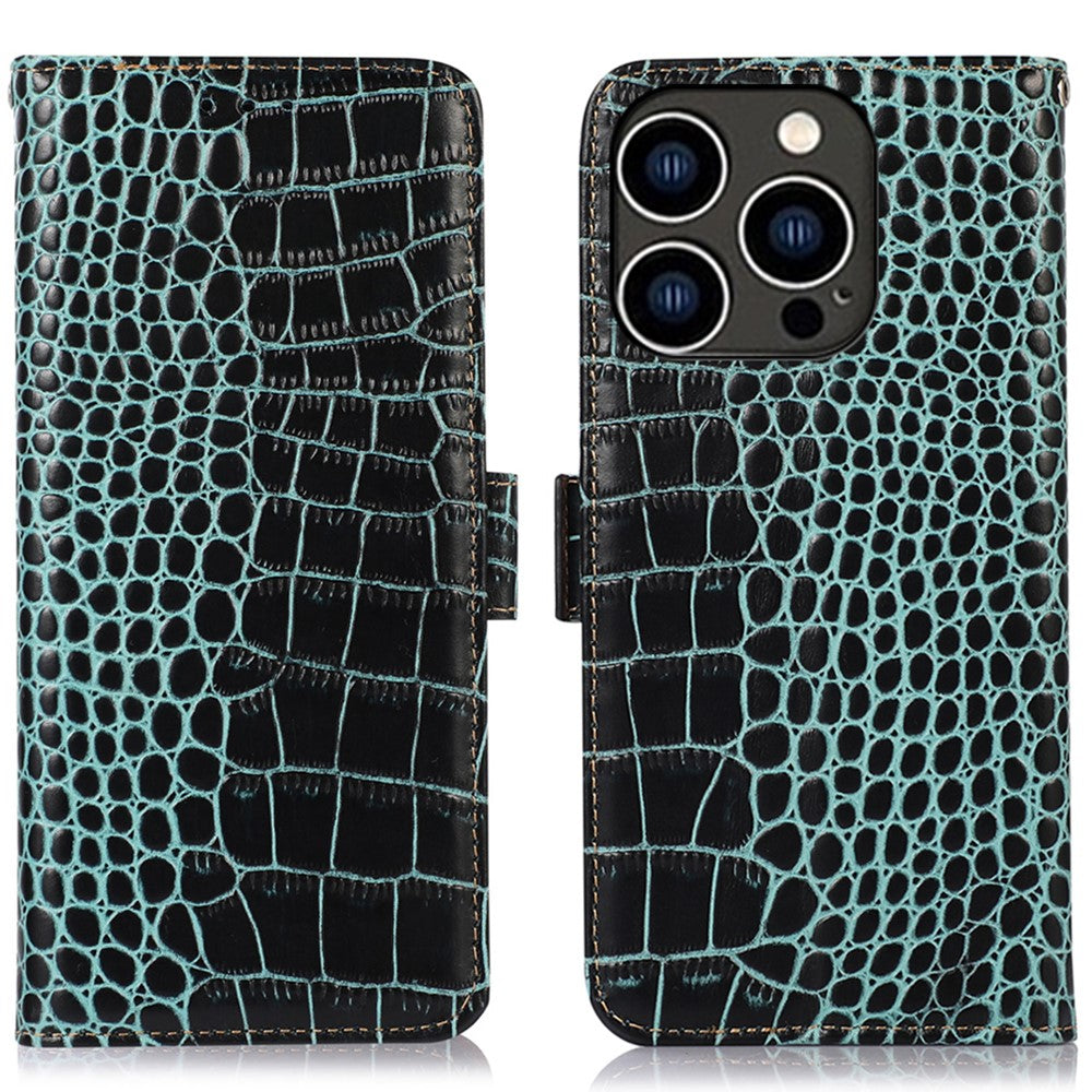 For iPhone 16 Pro Stand Case RFID Blocking Genuine Cow Leather Wallet Phone Cover