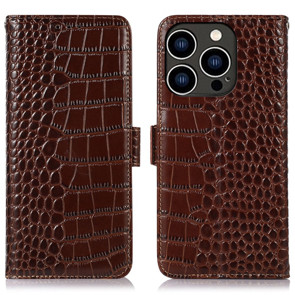 For iPhone 16 Pro Stand Case RFID Blocking Genuine Cow Leather Wallet Phone Cover