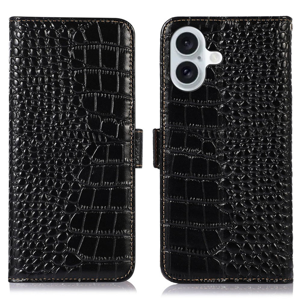 For iPhone 16 Plus Wallet Case RFID Blocking Genuine Cow Leather Phone Cover