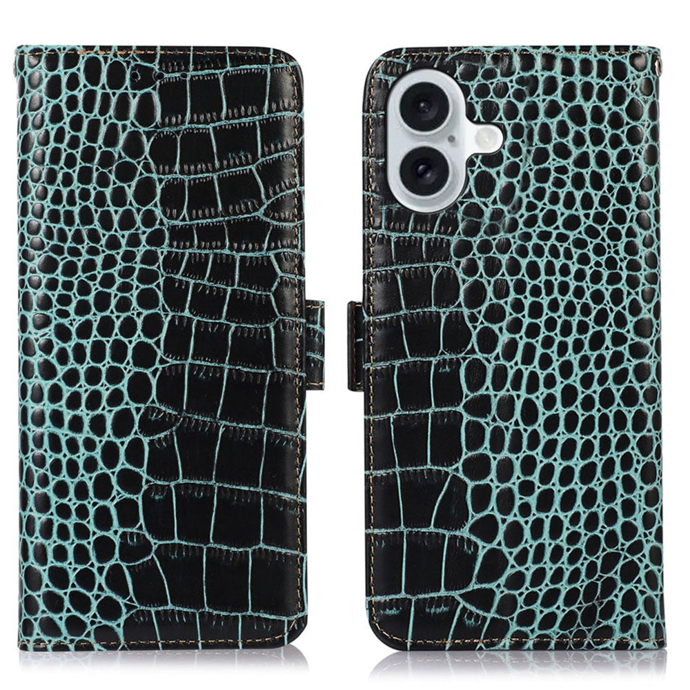 For iPhone 16 Plus Wallet Case RFID Blocking Genuine Cow Leather Phone Cover