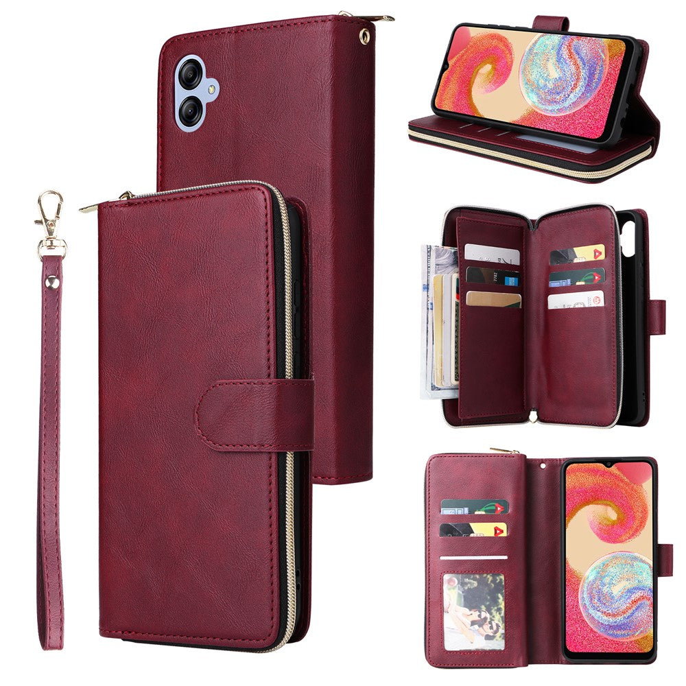 For Samsung Galaxy A04e 4G / F04 4G / M04 4G Case Zipper Leather Phone Cover 9 Card Slots