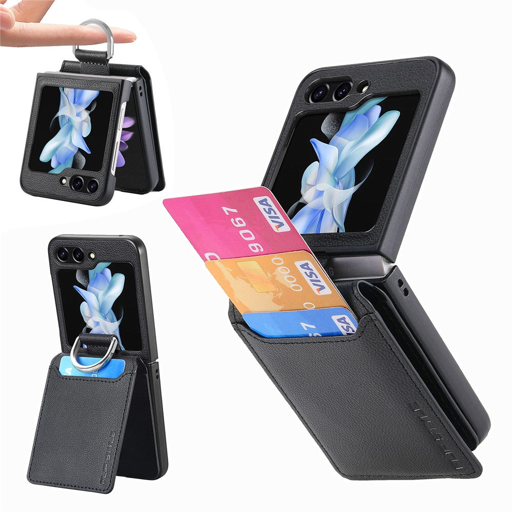 Samsung Galaxy Z Flip7 FE 5G / Z Flip6 5G-mobilcover med kortholder, støttefod, PU+PC-beskyttelse og fingerring