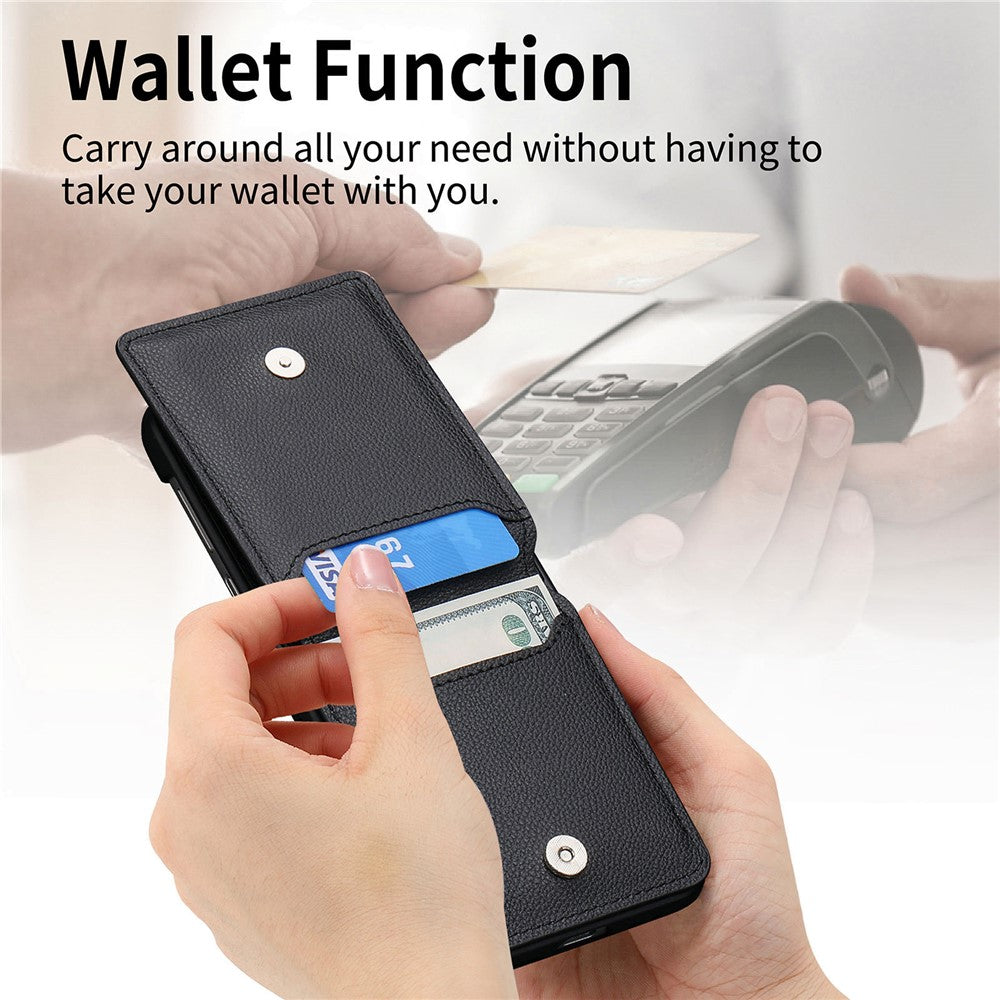 Samsung Galaxy Z Flip7 FE 5G / Z Flip6 5G-mobilcover med kortholder, støttefod, PU+PC-beskyttelse og fingerring