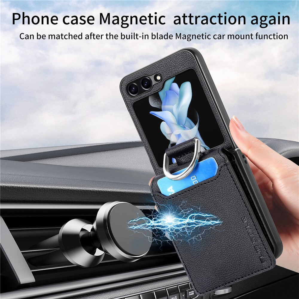 Samsung Galaxy Z Flip7 FE 5G / Z Flip6 5G-mobilcover med kortholder, støttefod, PU+PC-beskyttelse og fingerring