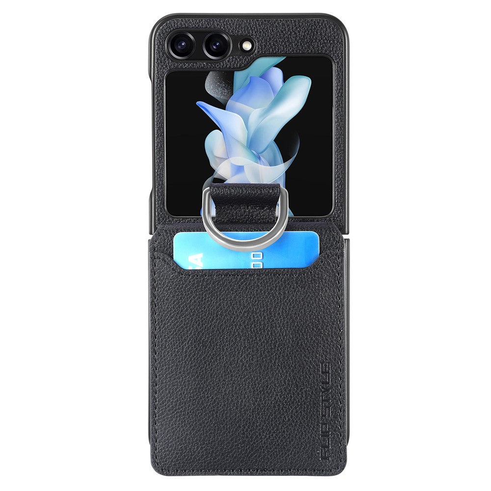 Samsung Galaxy Z Flip7 FE 5G / Z Flip6 5G-mobilcover med kortholder, støttefod, PU+PC-beskyttelse og fingerring