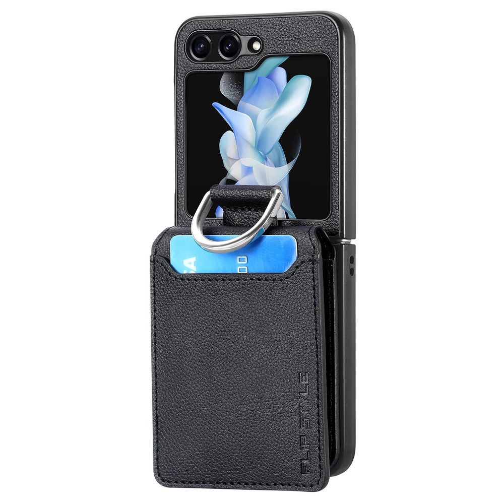 Samsung Galaxy Z Flip7 FE 5G / Z Flip6 5G-mobilcover med kortholder, støttefod, PU+PC-beskyttelse og fingerring