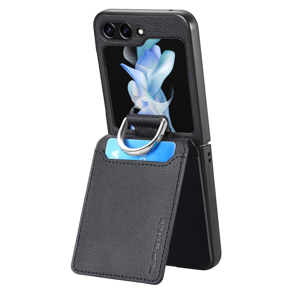 Samsung Galaxy Z Flip7 FE 5G / Z Flip6 5G-mobilcover med kortholder, støttefod, PU+PC-beskyttelse og fingerring